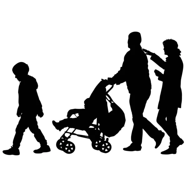 Silhouette nere Famiglia con carrozzina su sfondo bianco. Illustrazione vettoriale — Vettoriale Stock