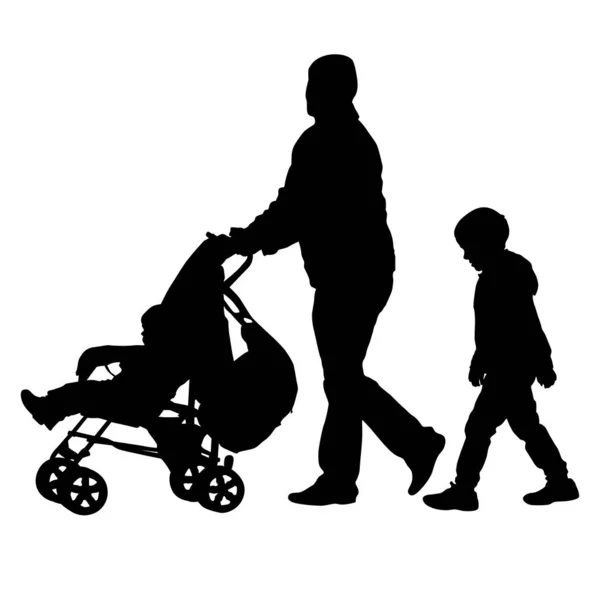 Silhouette nere Famiglia con carrozzina su sfondo bianco. Illustrazione vettoriale — Vettoriale Stock