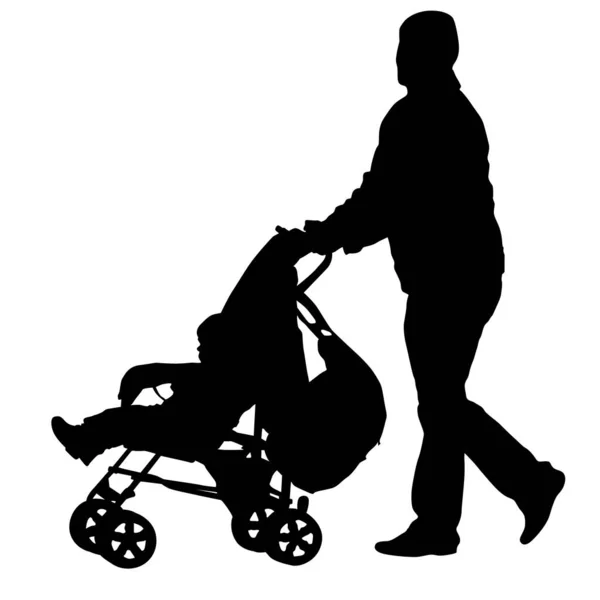 Silhouette nere padre con carrozzina su sfondo bianco. Illustrazione vettoriale — Vettoriale Stock