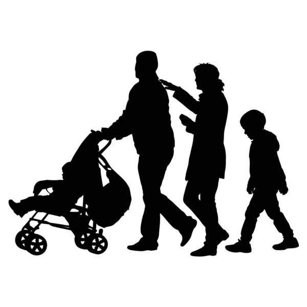 Silhouette nere Famiglia con carrozzina su sfondo bianco. Illustrazione vettoriale — Vettoriale Stock