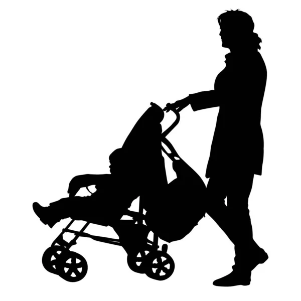 Schwarze Silhouetten Familie mit Kinderwagen auf weißem Hintergrund. Vektorillustration — Stockvektor