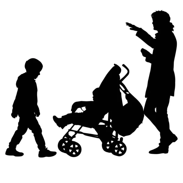 Siyah beyaz arka plan üzerinde çocuk arabası ile aile siluetleri. Vektör çizim — Stok Vektör