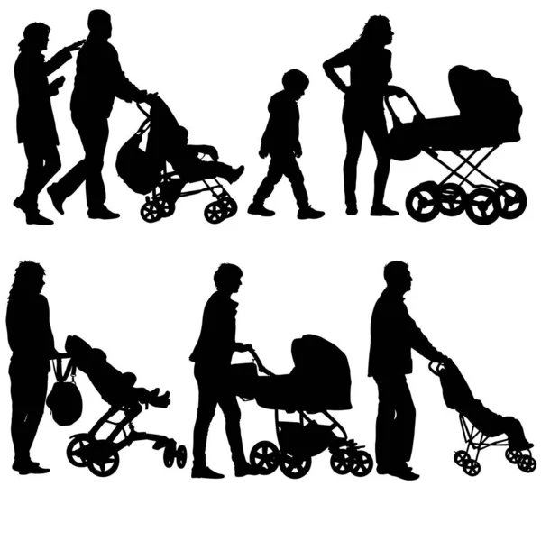 Set schwarze Silhouetten Familie mit Kinderwagen auf weißem Hintergrund. Vektorillustration — Stockvektor