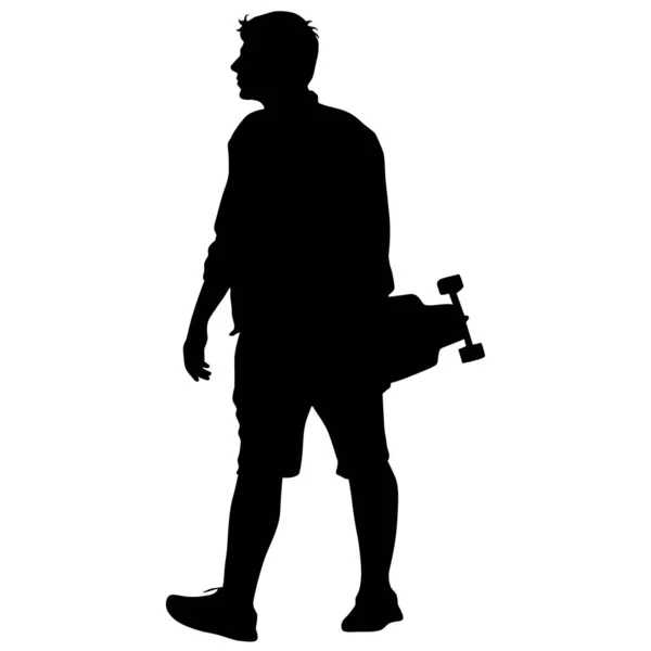 Черные силуэты человека со скейтбордом в руке на белом фоне. Векторная иллюстрация — стоковый вектор