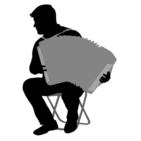 Musicista di silhouette, fisarmonica su sfondo bianco, illustrazione vettoriale — Vettoriale Stock