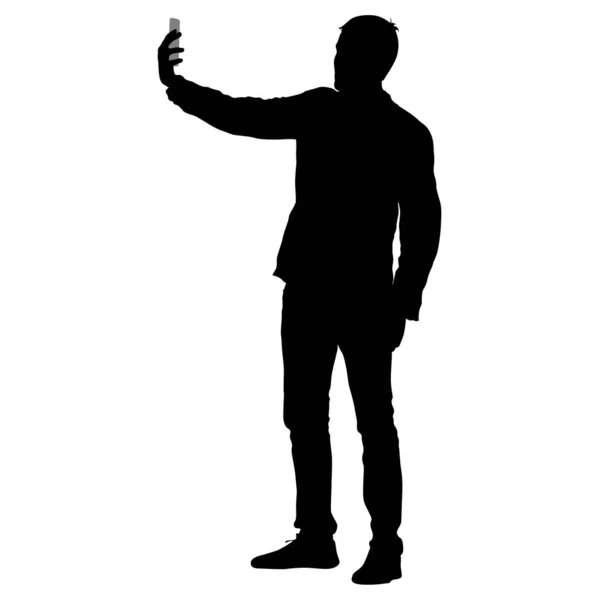 Silhuetter man tar selfie med smartphone på vit bakgrund. Vektorillustration — Stock vektor