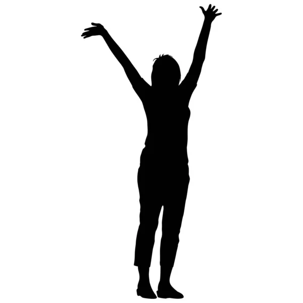 Schwarze Silhouette Frau mit erhobenen Händen. Vektorillustration — Stockvektor