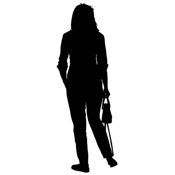 Silhouette giovane ragazza con borsa in piedi. Illustrazione vettoriale — Vettoriale Stock