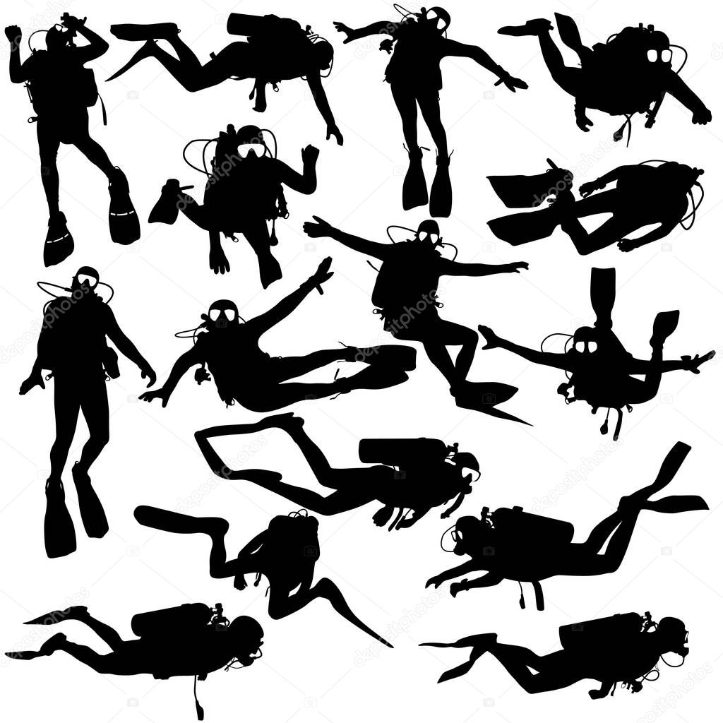 Set black silhouette scuba divers. Vector illustration