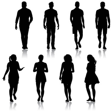 Black silhouette group of people standing in various poses clipart