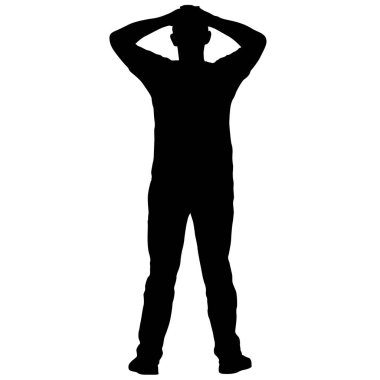 Siyah siluetler, beyaz arka planda yükselen kollu adam.