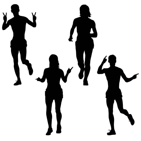 Set of silhouettes. Runners on sprint men and woman. Vector illustration — Stock Vector