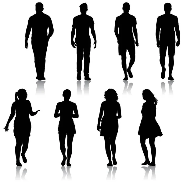 Zwarte silhouet groep van mensen die zich in verschillende poses — Stockvector