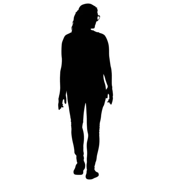 Silueta negra mujer de pie, gente sobre fondo blanco — Vector de stock