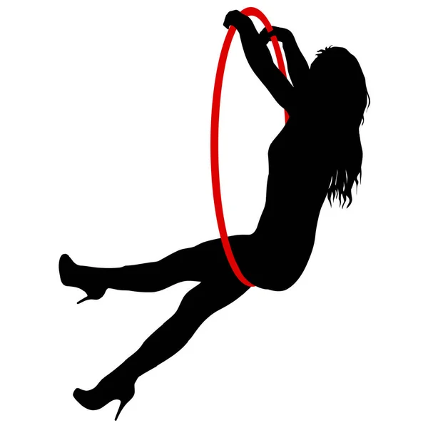 Silhouette donna facendo alcuni elementi acrobatici cerchio aereo su uno sfondo bianco — Vettoriale Stock