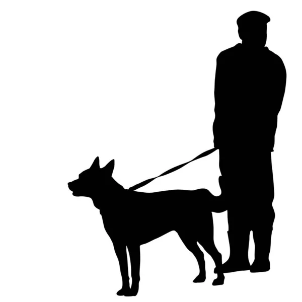Silueta de hombre y perro sobre fondo blanco — Vector de stock