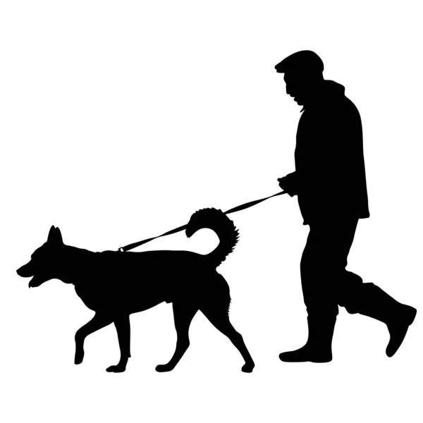 Silueta de hombre y perro sobre fondo blanco — Vector de stock