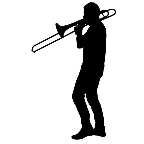 Silueta de músico tocando el trombón sobre un fondo blanco — Vector de stock