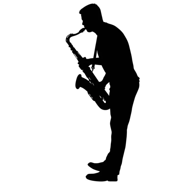 Silueta de músico tocando el saxofón sobre un fondo blanco — Vector de stock