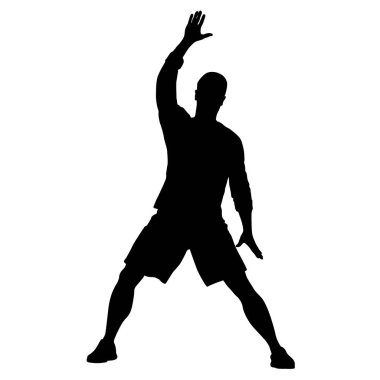 Siyah siluetler, beyaz arka planda yükselen kollu adam.