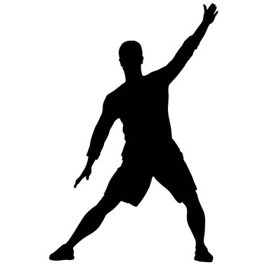 Siyah siluetler, beyaz arka planda yükselen kollu adam.