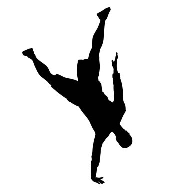 Siyah siluetler, beyaz arka planda yükselen kollu adam.