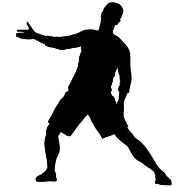 Siyah siluetler, beyaz arka planda yükselen kollu adam.