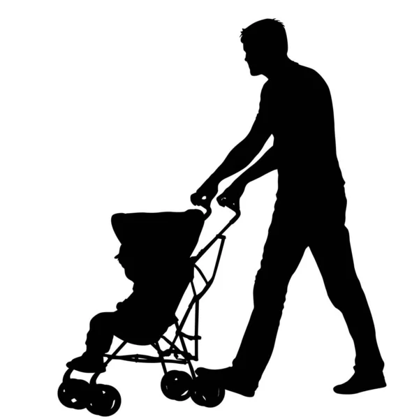 Silhouette passeggiate padre con passeggini su sfondo bianco — Vettoriale Stock