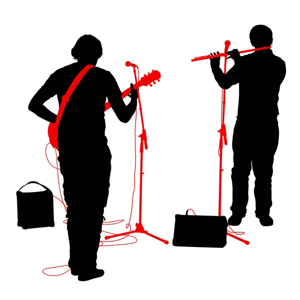 Silhouetten-Musiker spielen Gitarre und Flöte. Vektorillustration — Stockvektor