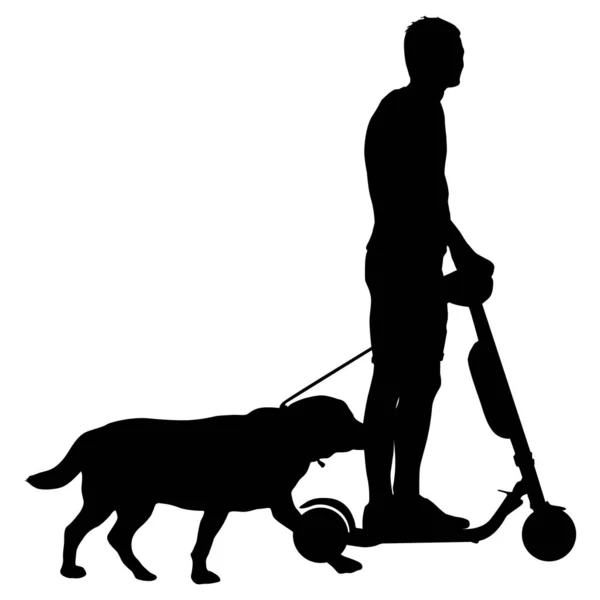 Silueta de hombre en un scooter y perro sobre un fondo blanco — Archivo Imágenes Vectoriales