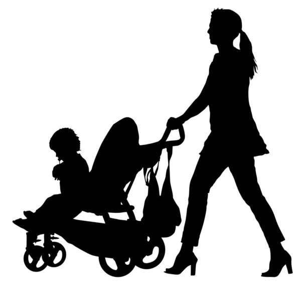 Silhouettes walkings mothers with baby strollers on white background — Stock Vector