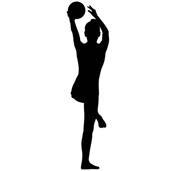 Chica silueta gimnasta con la pelota sobre fondo blanco — Vector de stock