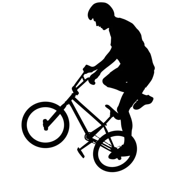 Die Silhouette eines männlichen Radfahrers, der akrobatische Pirouetten vollführt. Vektorillustration — Stockvektor