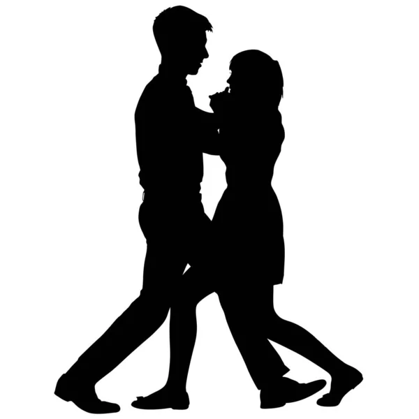 Preto silhuetas dançando homem e mulher no fundo branco —  Vetores de Stock