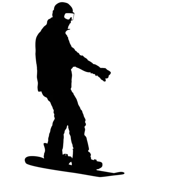 Silhuetas pretas snowboarders em fundo branco ilustração —  Vetores de Stock