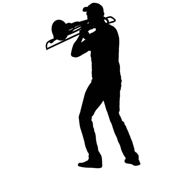 Silhouette del musicista che suona il trombone su sfondo bianco — Vettoriale Stock