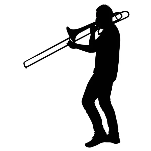Silhouette del musicista che suona il trombone su sfondo bianco — Vettoriale Stock