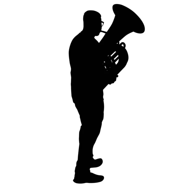 Silueta de músico tocando la tuba sobre un fondo blanco — Vector de stock