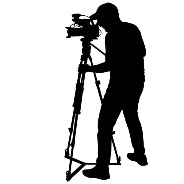 Caméraman avec caméra vidéo. Silhouettes sur fond blanc — Image vectorielle