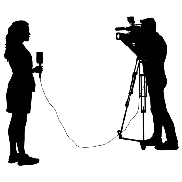 Silhouette opérateur enlève journaliste avec microphone sur un fond blanc — Image vectorielle