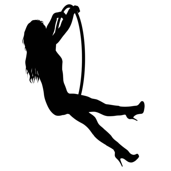 Sylwetka kobieta robi kilka akrobicznych elementów aerial Hoop na białym tle — Wektor stockowy