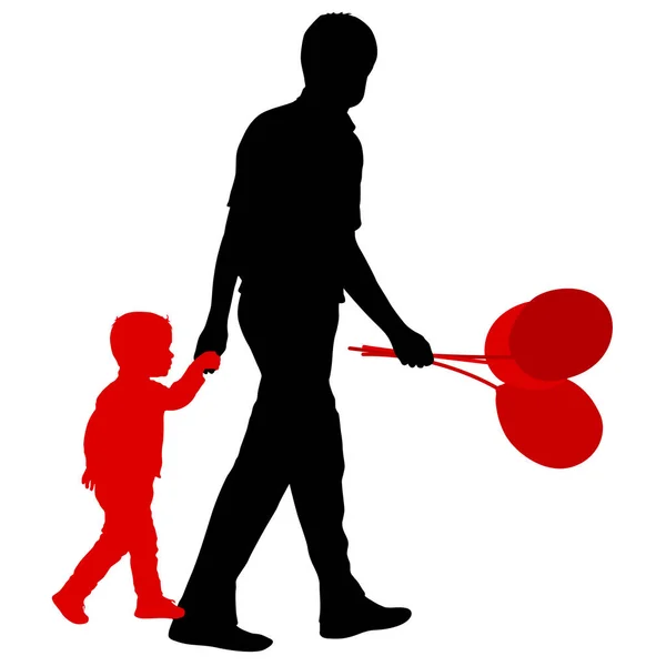 Silhouette of happy family with balloons in hand on a white background — Stock Vector