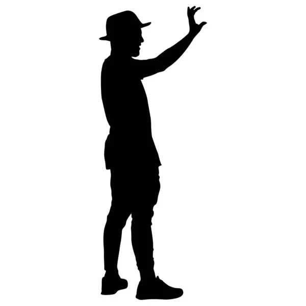 Siluetas negras hombre con el brazo levantado sobre un fondo blanco — Vector de stock