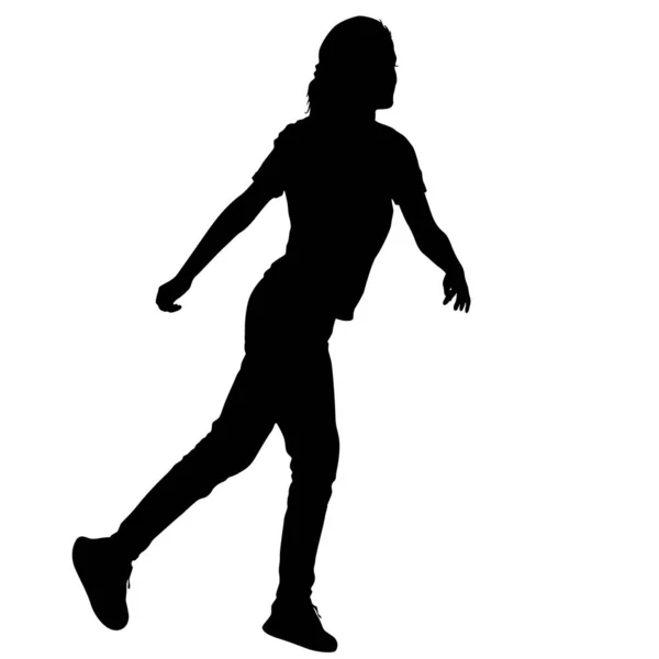 Siluetas negras mujer con brazo levantado sobre fondo blanco — Vector de stock