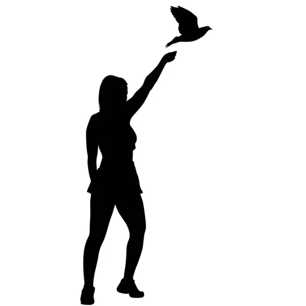 Silhouette girl releases doves into the sky — Stock Vector