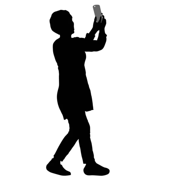 Silhouettes woman taking selfie with smartphone on white background — Stock Vector