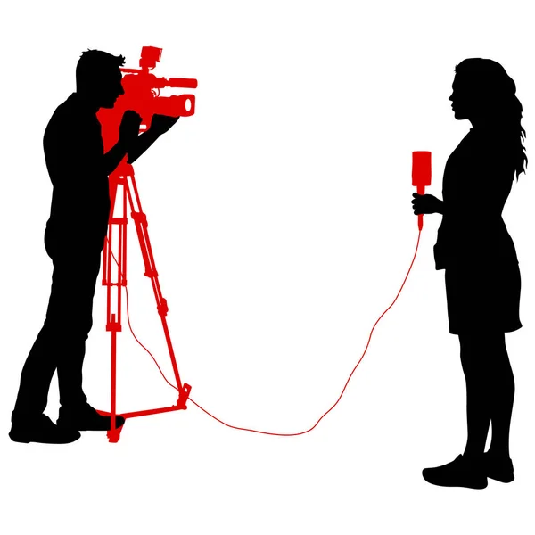 Silhouette opérateur enlève journaliste avec microphone sur un fond blanc — Image vectorielle