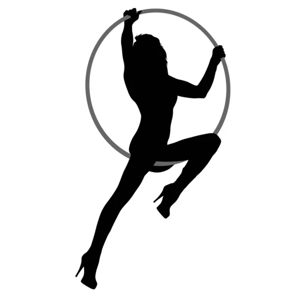Mujer silueta haciendo algunos elementos acrobáticos aro aéreo sobre un fondo blanco — Vector de stock
