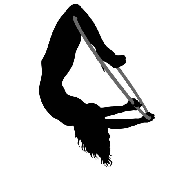 Silhouette femme faisant des éléments acrobatiques cerceau aérien sur un fond blanc — Image vectorielle