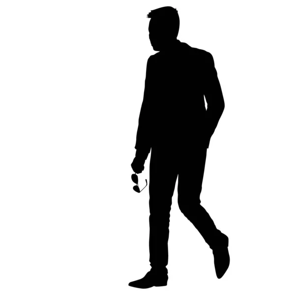 Black silhouette of a walking man with glasses in hand on a white background — Stock Vector